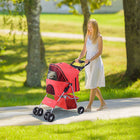 PawHut 4-Wheel One-Click Folding Pet Stroller with Brakes, Cup Holder and Travel Carrier - Red-Two 360° swiveling front wheels and 2 directional rear wheels with brakes 