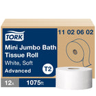Tork Advanced Soft Mini Jumbo 2-ply Bath Tissue - 12 Pack-Advantages at a glance: High-capacity rolls, Simple design, Small footprint, Perforated tissue, No wrappers, Bath tissue breaks up rapidly, Easy Carry Handle