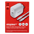 Staples GaN USB-C Wall Charger with Cable - 30W - White-30W PPS single-port USB-C wall charger that powers devices faster than a standard 5W USB charger