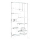 Monarch Specialties 7159 72"H Bookcase - White Metal With Tempered Glass-Give your home a bold, modern look with this unique 72" high white metal and thick tempered glass bookcase. This chic, backless unit features 9 asymmetrical shelves in various sizes, perfect for displaying your favourite books, frames or other decorative items. This stylish unit will be a great addition to your home office, living room, bedroom or even hallway to keep you organized in style.