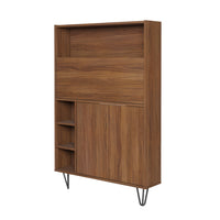 Nexera Slim Bar Cabinet - Secretary Bookcase Desk With Storage - Walnut-This piece of furniture can also be used as a bar, modern engraved drop-down door with geometrically patterned textured lacquer finish  serves as a work surface when open