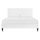 Modway Roxanne Performance Velvet Queen Platform Bed with Wood Legs and Gold Metal Sleeves - White-Performance Velvet Upholstery
