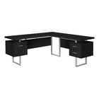 Monarch Specialties 7619 70" Computer Desk - Black/Silver Metal/L/R Face-L-shaped computer desk with 3 storage drawers featuring thick-panel construction in a black finish and 3 sturdy metal legs in a silver finish