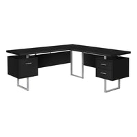 Monarch Specialties 7619 70" Computer Desk - Black/Silver Metal/L/R Face-L-shaped computer desk with 3 storage drawers featuring thick-panel construction in a black finish and 3 sturdy metal legs in a silver finish