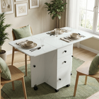 HOMCOM Rolling Drop Leaf Folding Dining Table with Drawers & Storage Cabinet for 4-6 - Marble White-6 wheels facilitate its movement, 4 of which have brakes to keep it in a fixed place