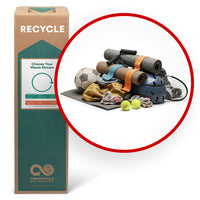 TerraCycle Sporting Goods - Zero Waste Box - Medium-Recycle any brand *clothing, or equipment used in a sport, including bats, sticks, rackets (including broken parts such as strings, bumpers, and grippers), discarded biking and skateboarding equipment such as skateboards, bicycles, wheels, brakes, protective seats, bells, baskets, accessories, rims, reflectors, and handlebar cushions and grips, fishing rods, nets, hooks, weights, scales, popped and ripped frisbees, pucks, any type of ball (e.g., basketball