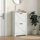 HOMCOM Farmhouse Slim Shoe Cabinet with 2 Flip Drawers & Adjustable Shelves - Distressed White-2-level adjustable or removable inner shelves hold various shoe sizes