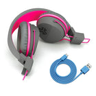 Jlab Buddies Studio Kids Wireless Headphones, Bluetooth, Grey/Pink-Circular ear cups rotate 80 degrees and fold up in the palm of your hand