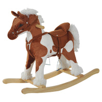 Qaba Kids Plush Rocking Horse with Wooden Rockers - Brown and White-Traditional rocking toy with a fun horse design 