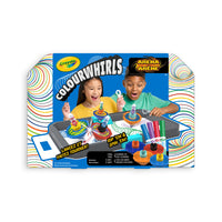 Crayola Colourwhirls Arena Set-Crayola Colourwhirls arena set: compete in a whirlwind battle of creativity with the Colourwhirls arena set, which includes a large Colourwhirls arena for up to 4 competitors, 4 Crayola Colourwhirls toys (spinner, handle, rip cord, adaptor, marker holder), 4 Crayola ultra clean broad line markers, 2 ramps for exciting launches, and a carrying case for on the go fun