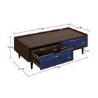 Manhattan Comfort Duane 47.24" Mid-Century Modern Coffee Table - Dark Brown and Navy Blue-Features Open Curve Handle with Sliding Door Capabilities Over Drawer Side