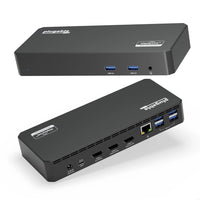 Plugable 100 W Triple Display Laptop Docking Station with USB-C -12-in-1 Expansion—With a compatible USB-C, USB4 or Thunderbolt laptop running Windows, macOS, or ChromeOS, this laptop docking station can charge your device, connect up to 3 HDMI monitors while providing Gigabit Ethernet, 3.5mm combo audio jack, and 6x USB 3.0 ports