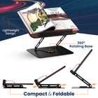 ShoppingAll Foldable Adjustable Book Holder with 360° Rotating Base and Elastic Clips - Black-Space-Saving Foldable Design - Fold it flat and tuck it away when not in use! Perfect for small spaces, this stand stores easily in a drawer or on a shelf, keeping your area tidy.