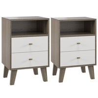 HOMCOM Nightstand with 3 Drawers and Open Storage - Grey - Set of 2-Modern style, grey and white body with metal gold handles