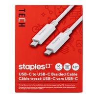 Staples TECH USB-C to USB-C Charging Cable - 3.3 ft. - 10Gbps/second - White-3.3ft (1m) USB-C to USB-C charging cable that transfers data at speeds of up to 10Gbps per second
