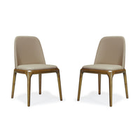 Manhattan Comfort Courding 20.9" Modern Faux Leather Upholstered Dining Chair - Tan and Walnut - Set of 2-Modern Dining Chair Perfect for Dining and Home Office Use. Set of 2