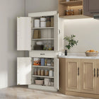 HOMCOM 71" H Freestanding Kitchen Pantry Cabinet with 4 Doors and 2 Large Compartments - Distressed White-Ample storage space includes 2 three-tier cabinets and 1 wide drawer 