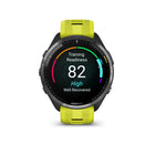 Garmin Forerunner 965 GPS Running, Triathlon Smartwatch-Carbon Gray DLC Titanium Bezel,Black Case,Amp Yellow/Black Silicone Band-Brilliant AMOLED touchscreen display with traditional button controls and lightweight titanium bezel