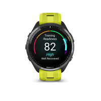 Garmin Forerunner 965 GPS Running, Triathlon Smartwatch-Carbon Gray DLC Titanium Bezel,Black Case,Amp Yellow/Black Silicone Band-Brilliant AMOLED touchscreen display with traditional button controls and lightweight titanium bezel