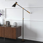 Hudson&Canal Rex Two-Tone/Height-Adjustable Floor Lamp with Metal Shade - Black/Brass/Black-Handcrafted black and brass finish is applied to the round metal base