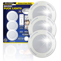 Bell+Howell Bionic Super Bright Under Cabinet Puck Lights - 3 Pack-Wireless design with remote control operation, use remote control or tap light