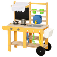 Qaba Outdoor Mud Kitchen for Kids with Wheels, Sink, Stove, Faucet, Storage Shelf - Yellow-Features a working faucet and sink allowing for realistic water play fun
