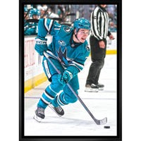 Macklin Celebrini San Jose Sharks - Framed Canvas - 22" x 31"-Premium canvas print with gallery-wrapped edges