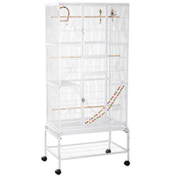 PawHut 71" H 3-Tier Large Bird Cage with Wheels, Perches, Ramp, Storage Shelf and Toys - White-Spacious living area and 1 cm bar spacing, for finches, canaries, parakeets, budgies, cockatiel and more 