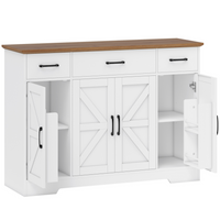 HOMCOM 47" Farmhouse Sideboard Buffet Cabinet with Soft-Close Hinges & Spice Racks - White-Two-tone farmhouse design with barn doors adds rustic charm to your home