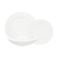 Casa Domani Florence 12-Piece Dinner Set - White-Made of Porcelain featuring a delicate embossed pattern on scalloped profile.