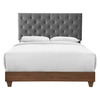 Modway Rhiannon Diamond Tufted Upholstered Fabric Queen Bed - Walnut Grey-Diamond Tufted Modern Queen Bed