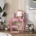 Qaba Kids Vanity and Dressing Table with Tri-Folding Mirror and Chair - Pink-Mirror for safety and dual-use functionality 