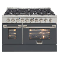 Kucht 48" KDF Series Pro Style Propane Ready Dual Fuel Range - Stainless Steel/Cement Grey-Cook and bake like a pro with 2 separate ovens with large oven windows, the main is a heavy-duty blue porcelain oven with 4.2 cu. ft. of capacity while the additional side oven has 2.5 cu. Ft
