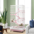 PawHut 63" H 6-Level Small Animal Cage with Universal Lockable Wheels - Pink-Sturdy construction built from powder-coated metal and iron wire 