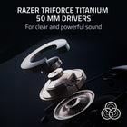 Razer Blackshark V2 Pro (Playstation Licensed) Wireless Esports Headset for Playstation 5 - White-Razer triforce titanium 50 mm drivers: Clear, Powerful Sound. Upgraded with titanium-coated diaphragms for enhanced clarity, our wireless gaming headset for Xbox or PlayStation / PS5 features a patented design separates the driver into 3 parts for individual tuning of highs, mid, and low. This results in a more dynamic sound profile with brighter, clearer mids, richer trebles, and deeper, more powerful bass