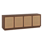 Hudson&Canal Pryce TV Stand for TV's up to 78" - Satin Walnut/Natural Rattan-Features four faux caned, two-toned doors with enclosed cabinets and 4 shelves for ample storage