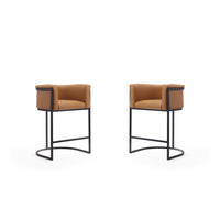 Manhattan Comfort Cosmopolitan 23.7" Mid-Century Modern Faux Leather Upholstered Counter Stool - Camel and Black - 2 Pack-Mid-Century Modern Counter Stool with Backseat Perfect for Bar and Kitchen Use. Set of 2