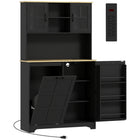 HOMCOM 69" H Kitchen Pantry Cabinet with Charging Station and Trash Can Compartment - Black-Three AC outlets and a switch for easy device charging 