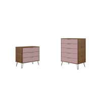 Manhattan Comfort Rockefeller Mid-Century Modern Bedroom Dresser 2-Piece Set - Nature/Rose Pink-Mid-Century Modern Tall 5-Drawer Dresser and Standard 3-Drawer Dresser for Bedroom Use.