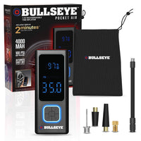Bullseye Pocket Air Portable Rechargeable Tire Inflator Air Compressor and Powerbank-EASY TO CARRY: The Pocket Air Pump tire inflator portable air compressor, by Bullseye Pro, is engineered to fit comfortably in your glove box, backpack, or even your pocket! Whether you're on a road trip, biking adventure, or simply commuting, its ultra-compact size ensures that you’re always prepared. Weighing less than a pound, this car tire air pump portable gives you peace of mind wherever your journey takes you.