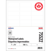 Avery Waterproof Labels - 1" x 2.575" - 1500 Pack-White