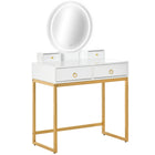 HOMCOM Makeup Vanity Desk with Round Mirror - 31.5" L x 15.7" W x 52" H - White-Fashionable and elegant dressing table with a cushioned stool 