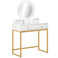 HOMCOM Makeup Vanity Desk with Round Mirror - 31.5" L x 15.7" W x 52" H - White-Fashionable and elegant dressing table with a cushioned stool 