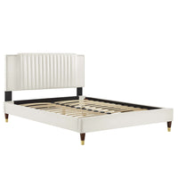 Modway Zahra Channel Tufted Performance Velvet Queen Platform Bed with Wood Legs and Gold Metal Sleeves - White-Queen Platform Bed