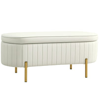 HOMCOM Channel Tufted Upholstered Bedroom Ottoman Bench - Cream White-Oval-shaped, channel tufted design enhances any room's elegance