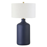 Hudson&Canal Sloane 29" Tall Ceramic Table Lamp with Fabric Shade - Matte Navy/White-Transitional design for your living room, workspace, or bed side table