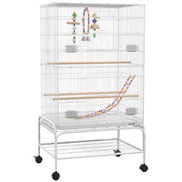 PawHut 43" H Rolling Bird Cage with Toys, Removable Tray and Storage Shelf - White-Spacious living area and 0.4" (1 cm) bar spacing, for finches, lovebirds, canaries, budgies, parakeets and more 