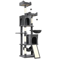 PawHut 70" Multi-Level Cat Tree Tower with 2 Condos - Dark Grey-This 69.7" (177 cm) tower has condos, perches, and a hammock for endless fun 