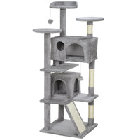 PawHut 54" Cat Tree Tower with Scratching Posts and Condos - Light Grey-Activity play center keeps cats entertained and active 