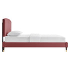 Modway Alessi Performance Velvet Queen Platform Bed with Wood Legs and Gold Metal Sleeves - Dusty Rose-Wood Slat Support System
